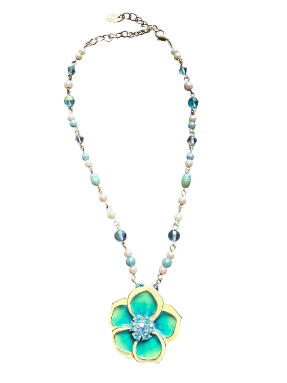 Blue Floral Pendant Necklace With Beaded Chain & Adjustable Clasp